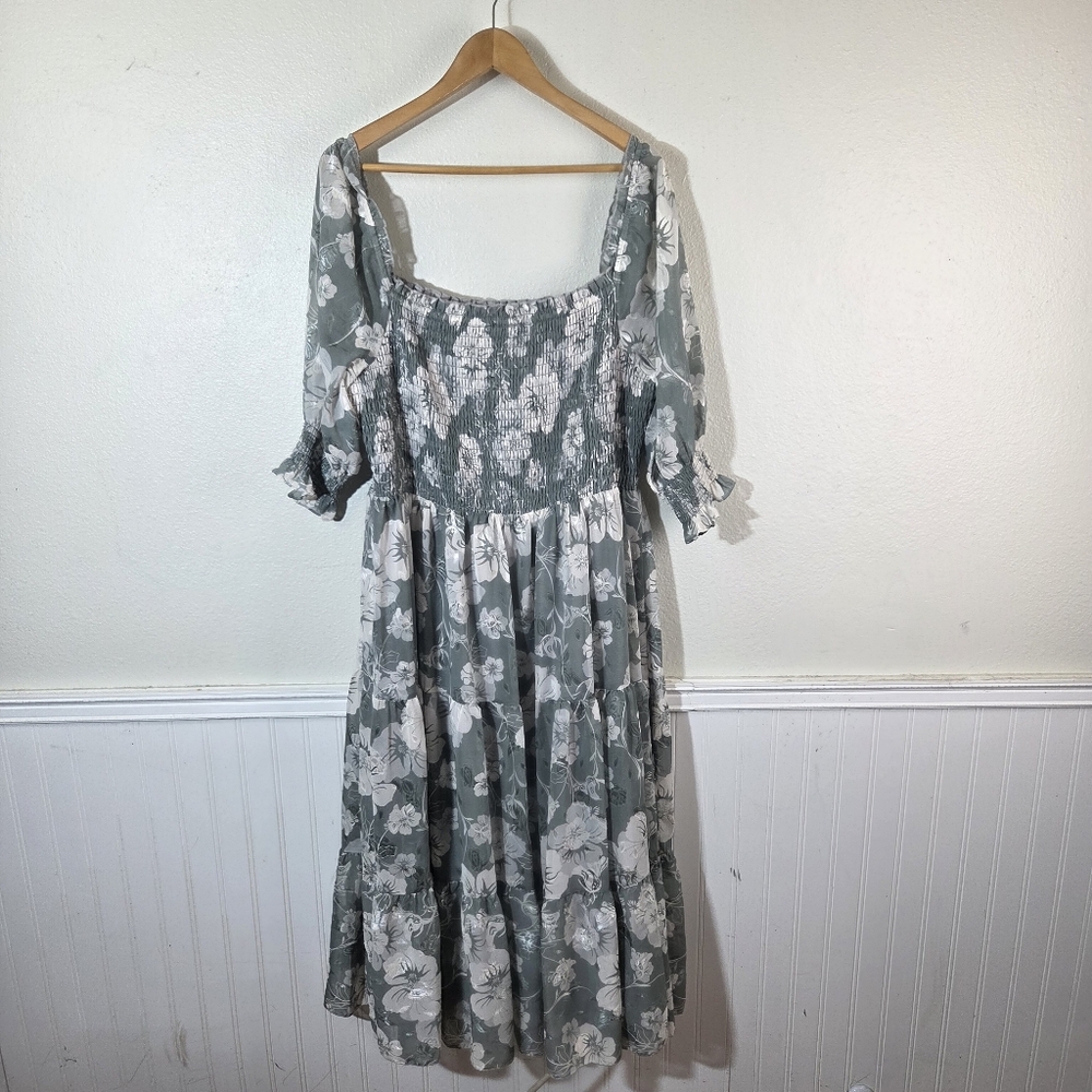 Baltic Born Sage Green Floral Smocked Midi Dress